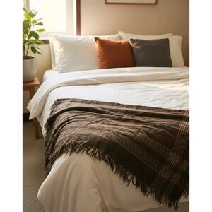 Vtg Brown Wool Rustic Cozy Home Decor Fringe Bedding Throw Blanket 60"x60"